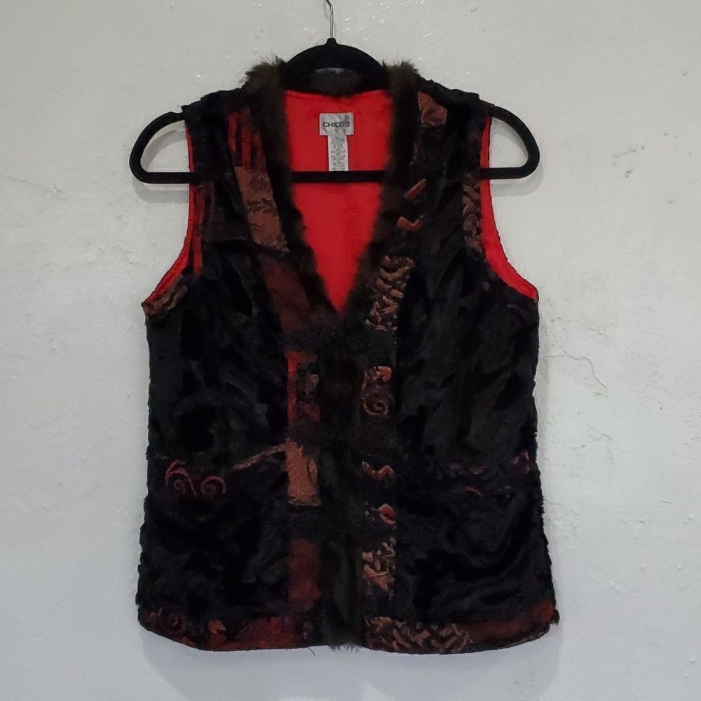 Vintage Oriental Style Faux Fur & Tapestry Vest Chicos Size 0 or S